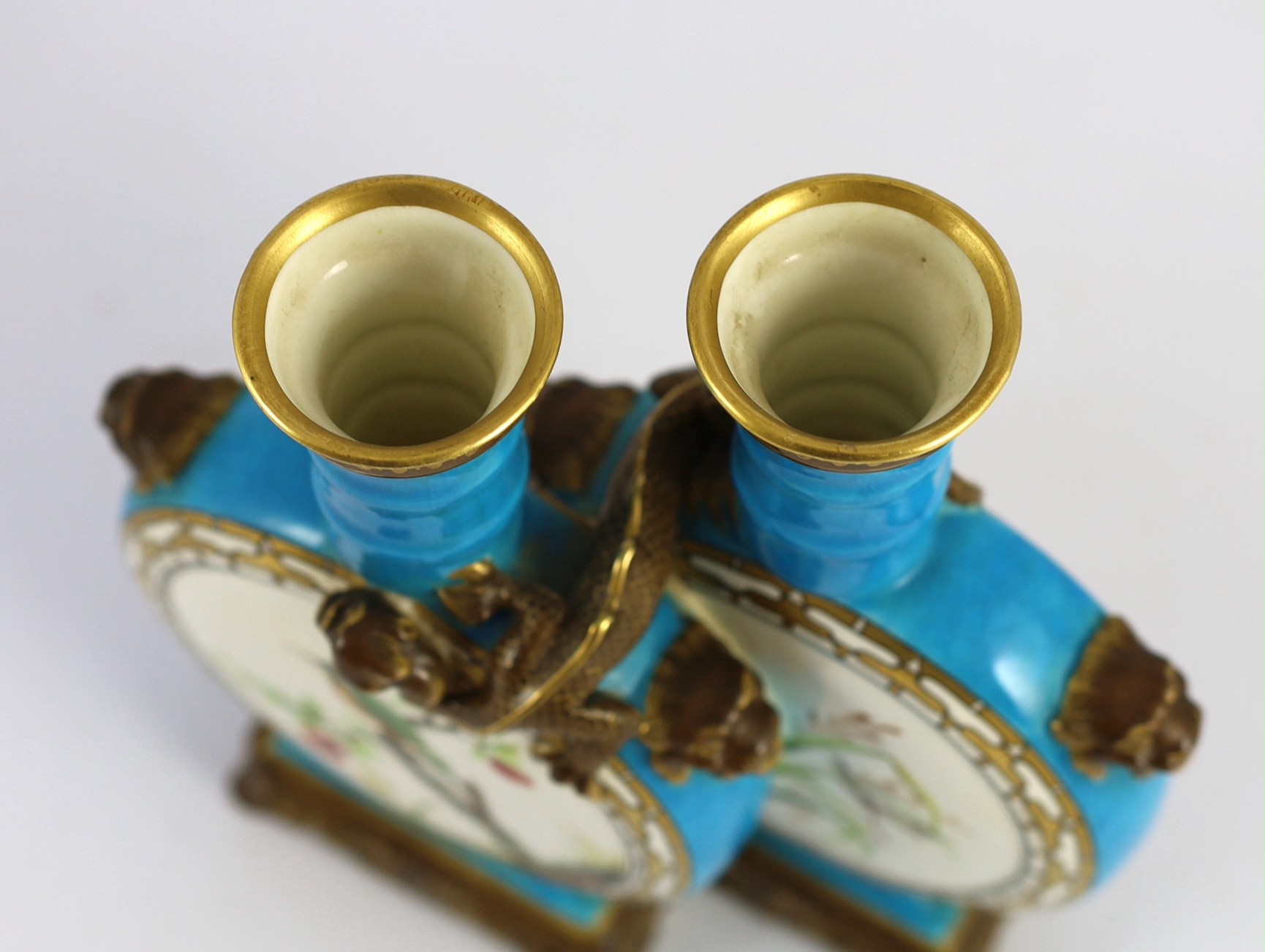 A rare Mintons Aesthetic period porcelain double moon flask, manner of Dr. Christopher Dresser, 21.8cm high